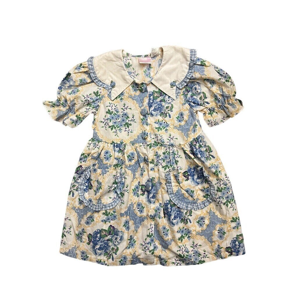 Rose Cottage Kids Girls VTG Peter Pan Collar Button Front Floral Dress Blue Whit